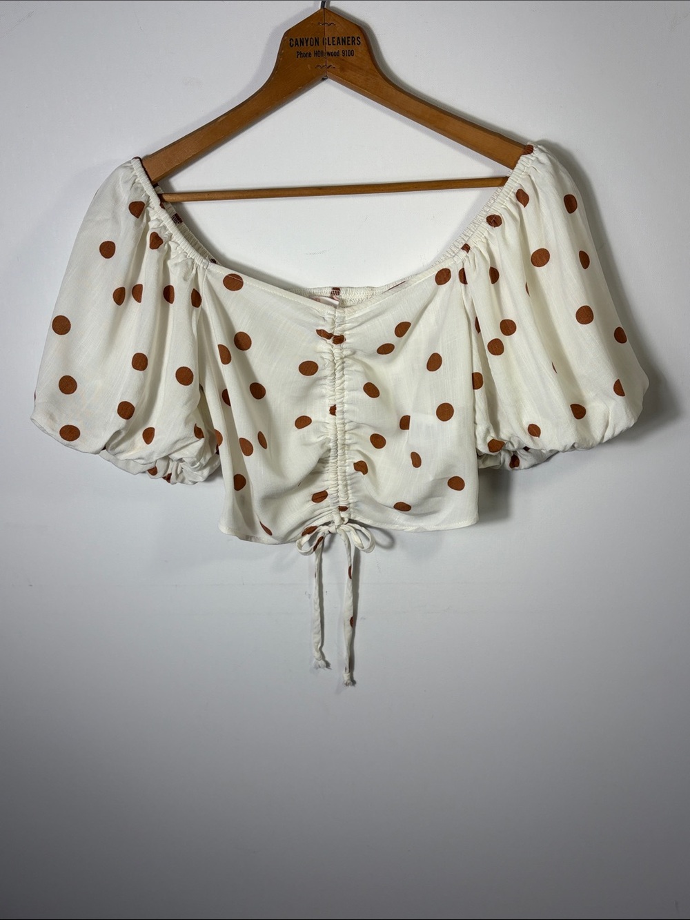 GB Cream Brown Polka Dot Ruched Puff Sleeve Crop Top XS